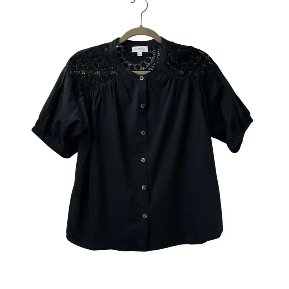 Evereve Women’s S Black Short Sleeve Crochet Back Button Up Blouse Rayon Blend - Picture 9 of 12